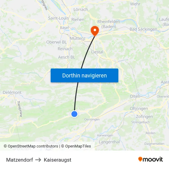 Matzendorf to Kaiseraugst map