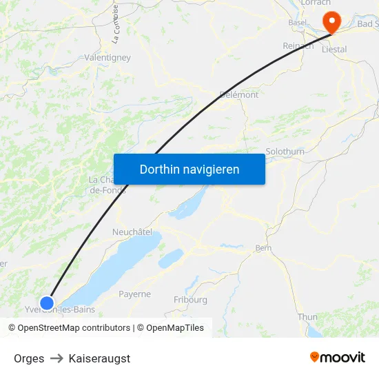 Orges to Kaiseraugst map