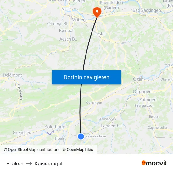 Etziken to Kaiseraugst map