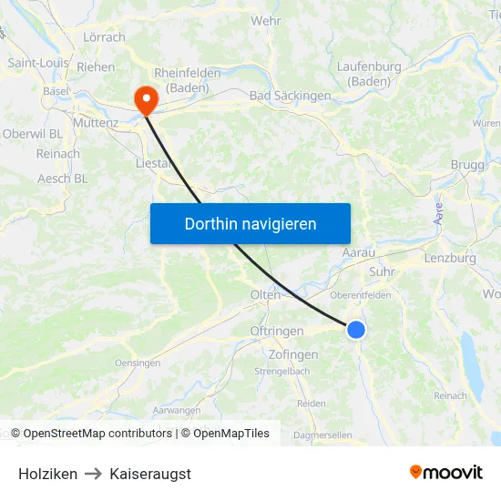 Holziken to Kaiseraugst map