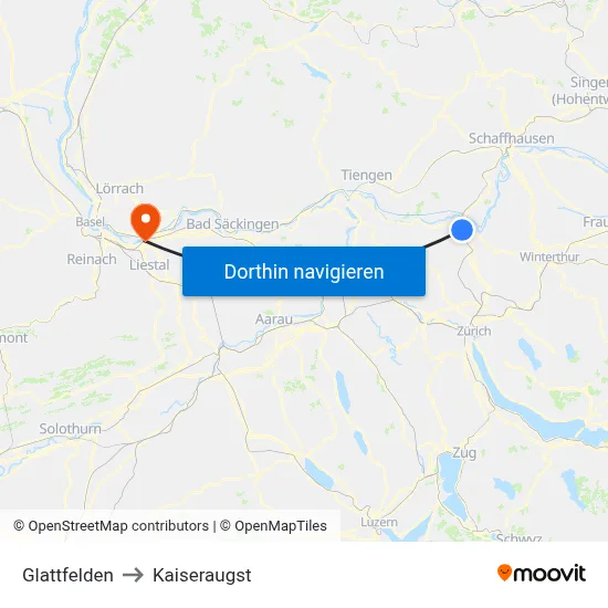 Glattfelden to Kaiseraugst map