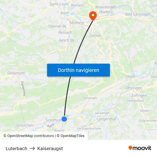 Luterbach to Kaiseraugst map
