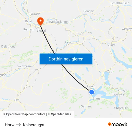 Horw to Kaiseraugst map