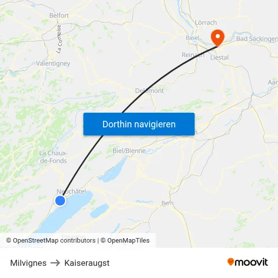 Milvignes to Kaiseraugst map