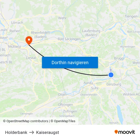 Holderbank to Kaiseraugst map