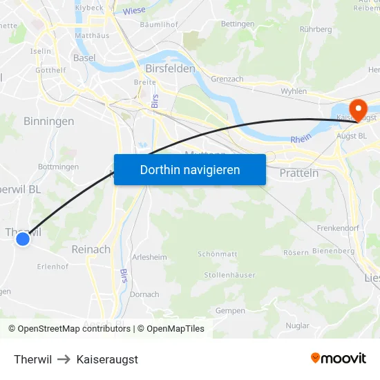 Therwil to Kaiseraugst map