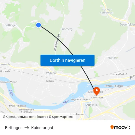 Bettingen to Kaiseraugst map