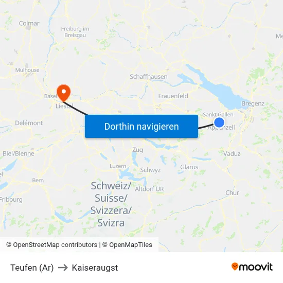 Teufen (Ar) to Kaiseraugst map