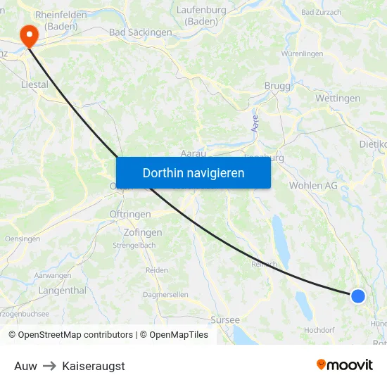 Auw to Kaiseraugst map