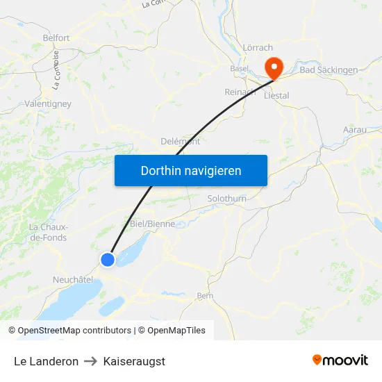 Le Landeron to Kaiseraugst map