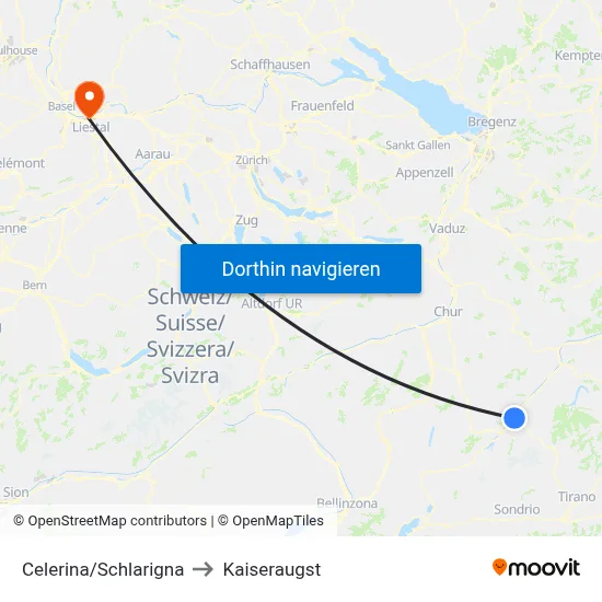 Celerina/Schlarigna to Kaiseraugst map