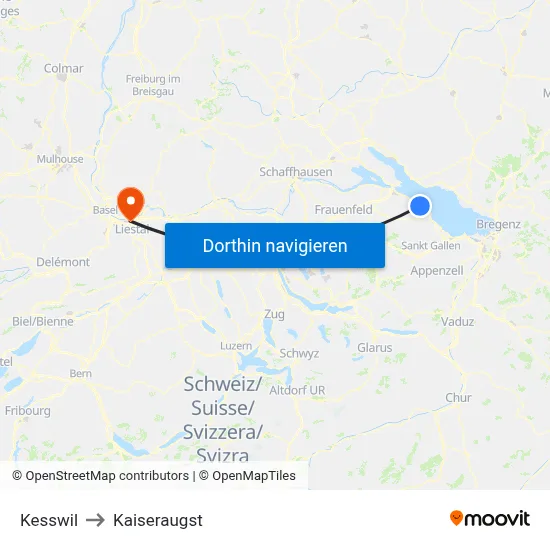 Kesswil to Kaiseraugst map