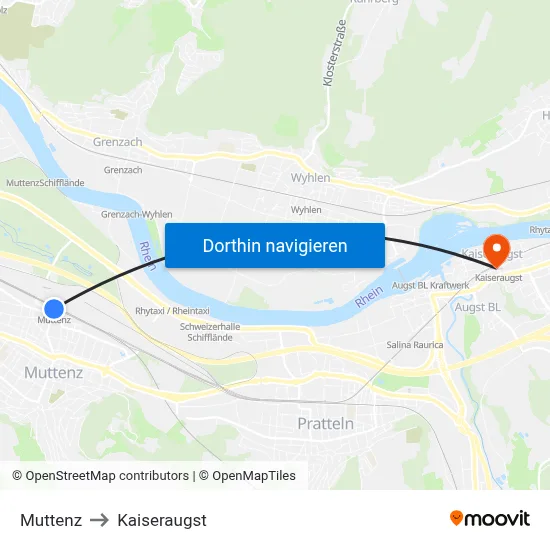 Muttenz to Kaiseraugst map