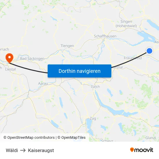 Wäldi to Kaiseraugst map