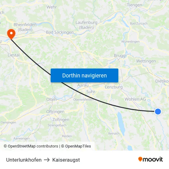 Unterlunkhofen to Kaiseraugst map