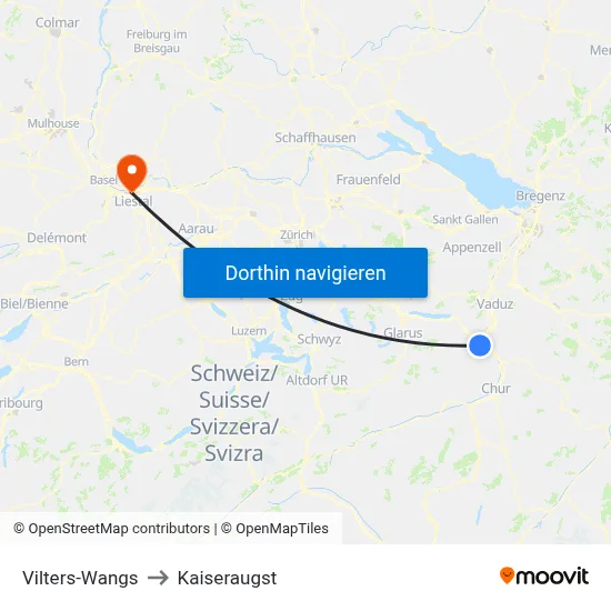 Vilters-Wangs to Kaiseraugst map