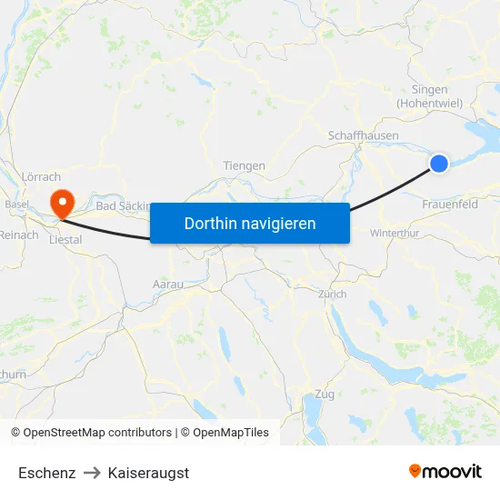 Eschenz to Kaiseraugst map