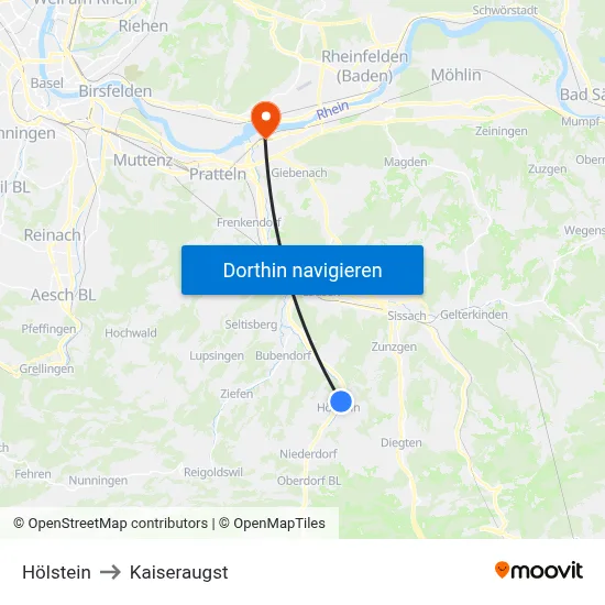 Hölstein to Kaiseraugst map