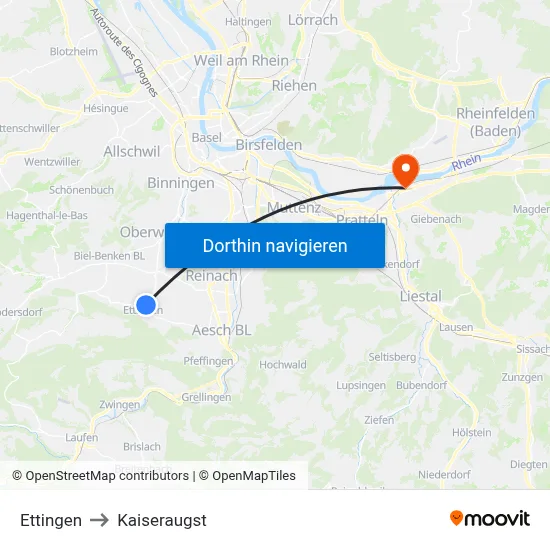 Ettingen to Kaiseraugst map