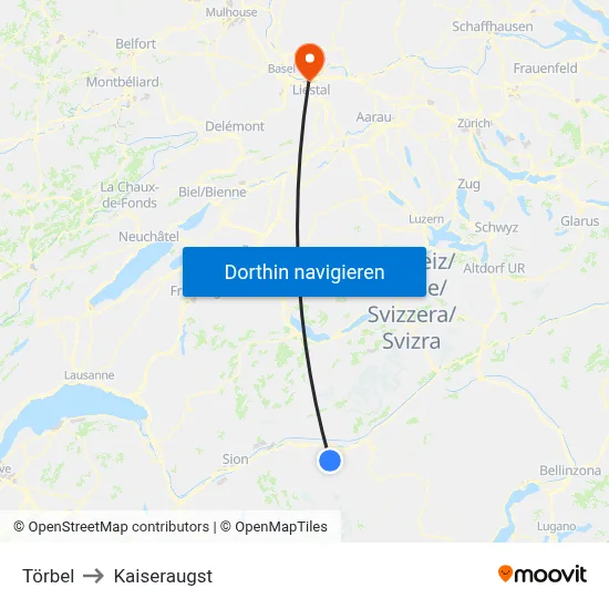 Törbel to Kaiseraugst map