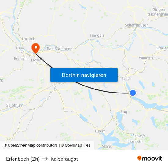 Erlenbach (Zh) to Kaiseraugst map