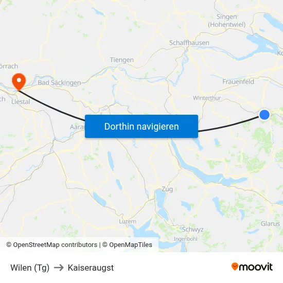 Wilen (Tg) to Kaiseraugst map