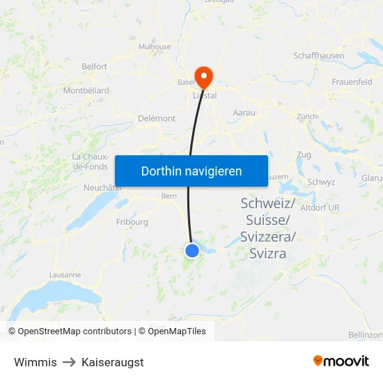 Wimmis to Kaiseraugst map