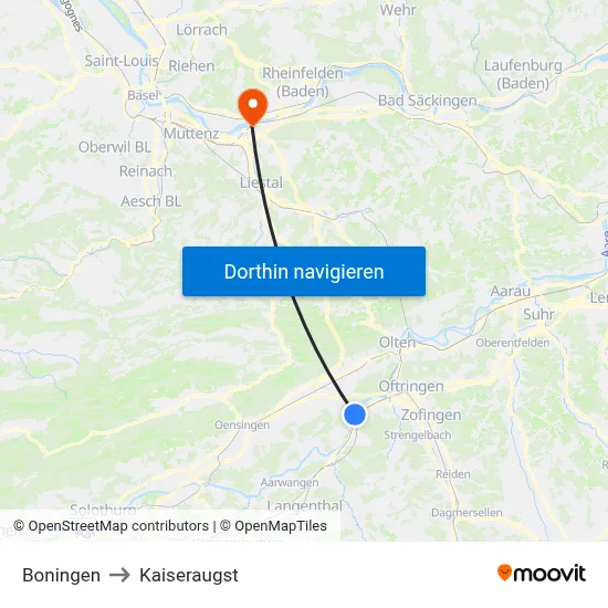 Boningen to Kaiseraugst map