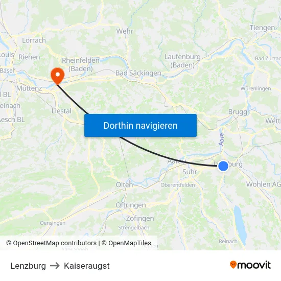 Lenzburg to Kaiseraugst map