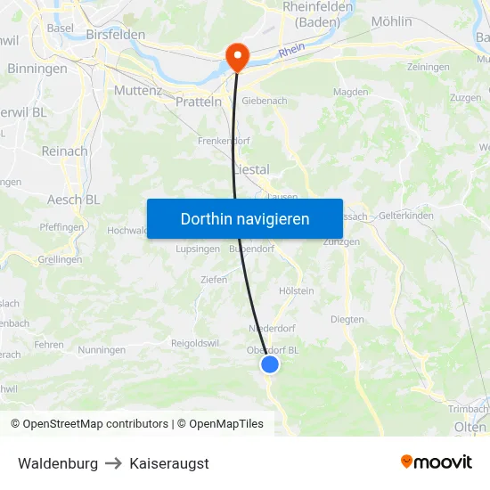 Waldenburg to Kaiseraugst map