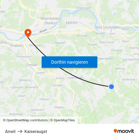 Anwil to Kaiseraugst map
