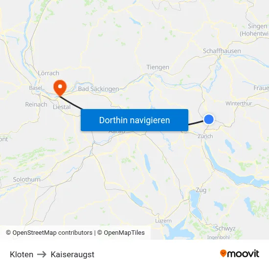 Kloten to Kaiseraugst map