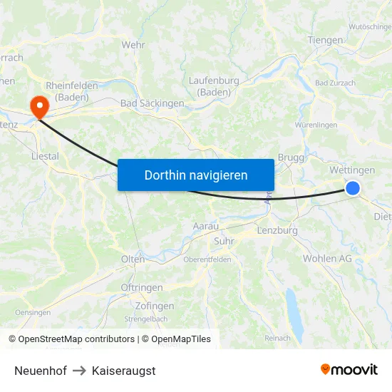 Neuenhof to Kaiseraugst map