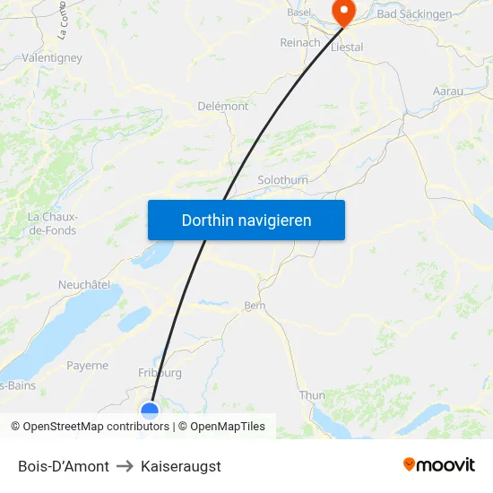 Bois-D’Amont to Kaiseraugst map