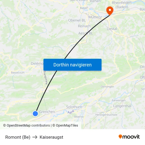 Romont (Be) to Kaiseraugst map