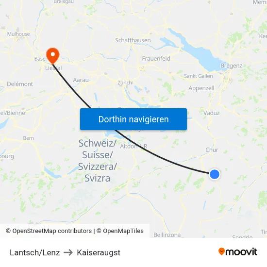 Lantsch/Lenz to Kaiseraugst map