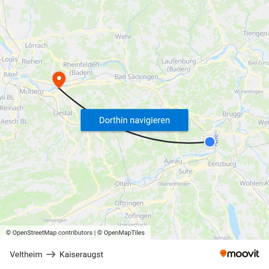 Veltheim to Kaiseraugst map
