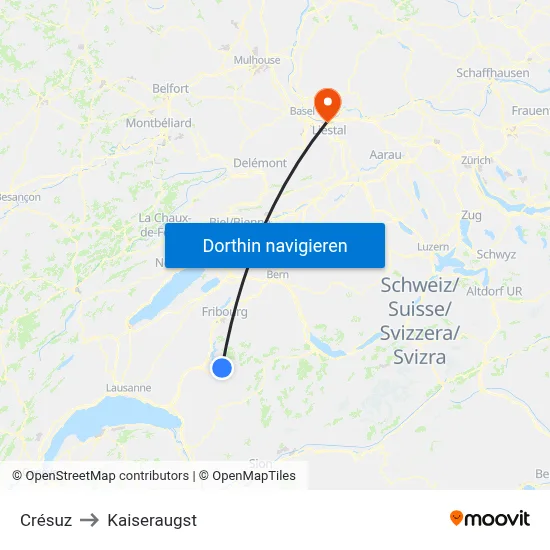 Crésuz to Kaiseraugst map