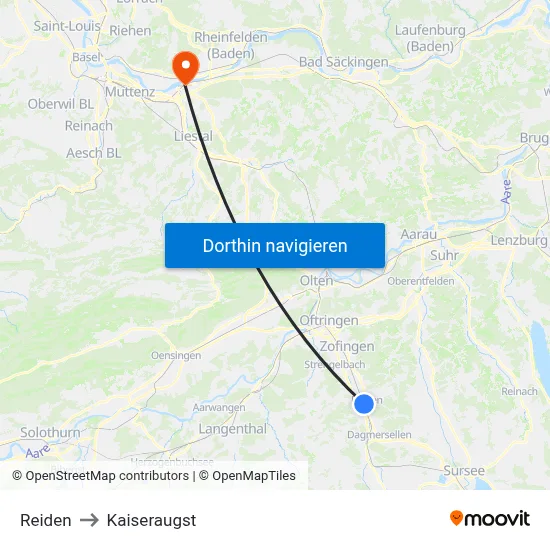 Reiden to Kaiseraugst map
