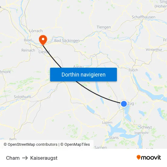 Cham to Kaiseraugst map