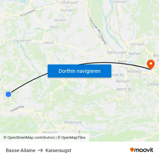 Basse-Allaine to Kaiseraugst map