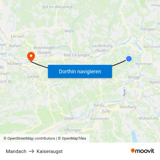 Mandach to Kaiseraugst map