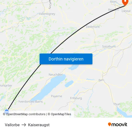 Vallorbe to Kaiseraugst map