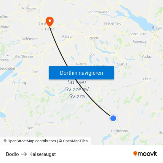 Bodio to Kaiseraugst map