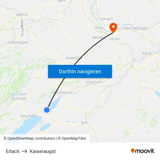 Erlach to Kaiseraugst map