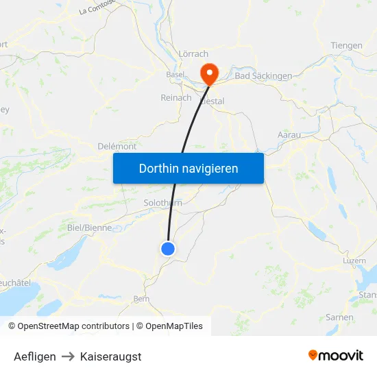 Aefligen to Kaiseraugst map