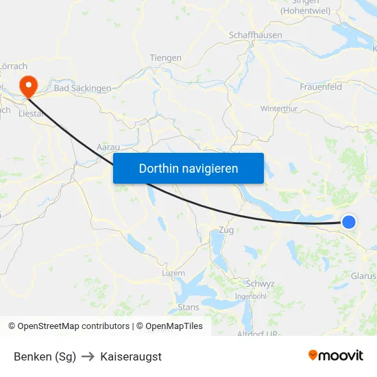 Benken (Sg) to Kaiseraugst map