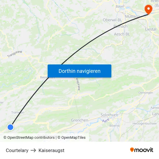 Courtelary to Kaiseraugst map