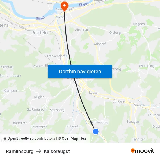 Ramlinsburg to Kaiseraugst map