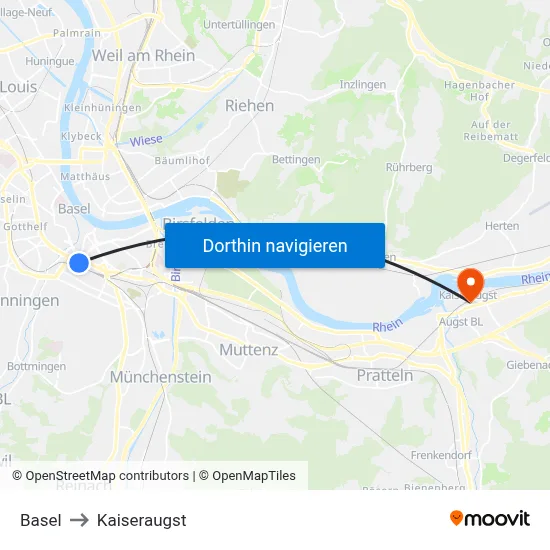 Basel to Kaiseraugst map